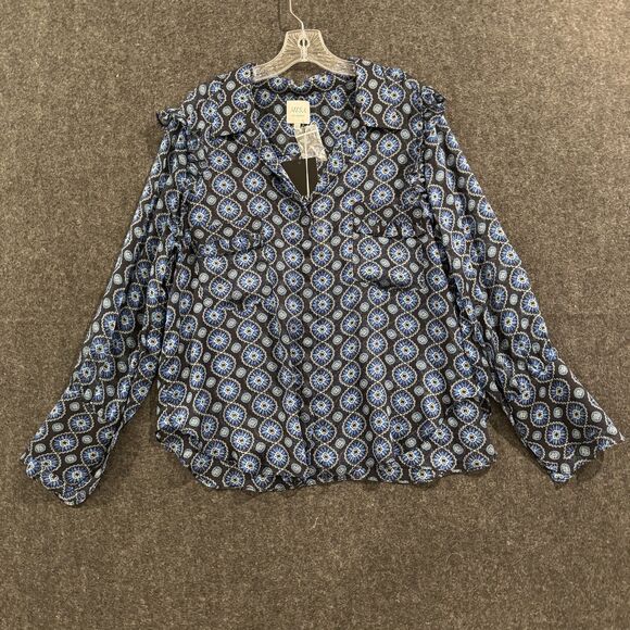 MISA Los Angeles Shirt Women's XL Blue Black Floral Print Long Sleeve Blouse USA - Picture 1 of 10